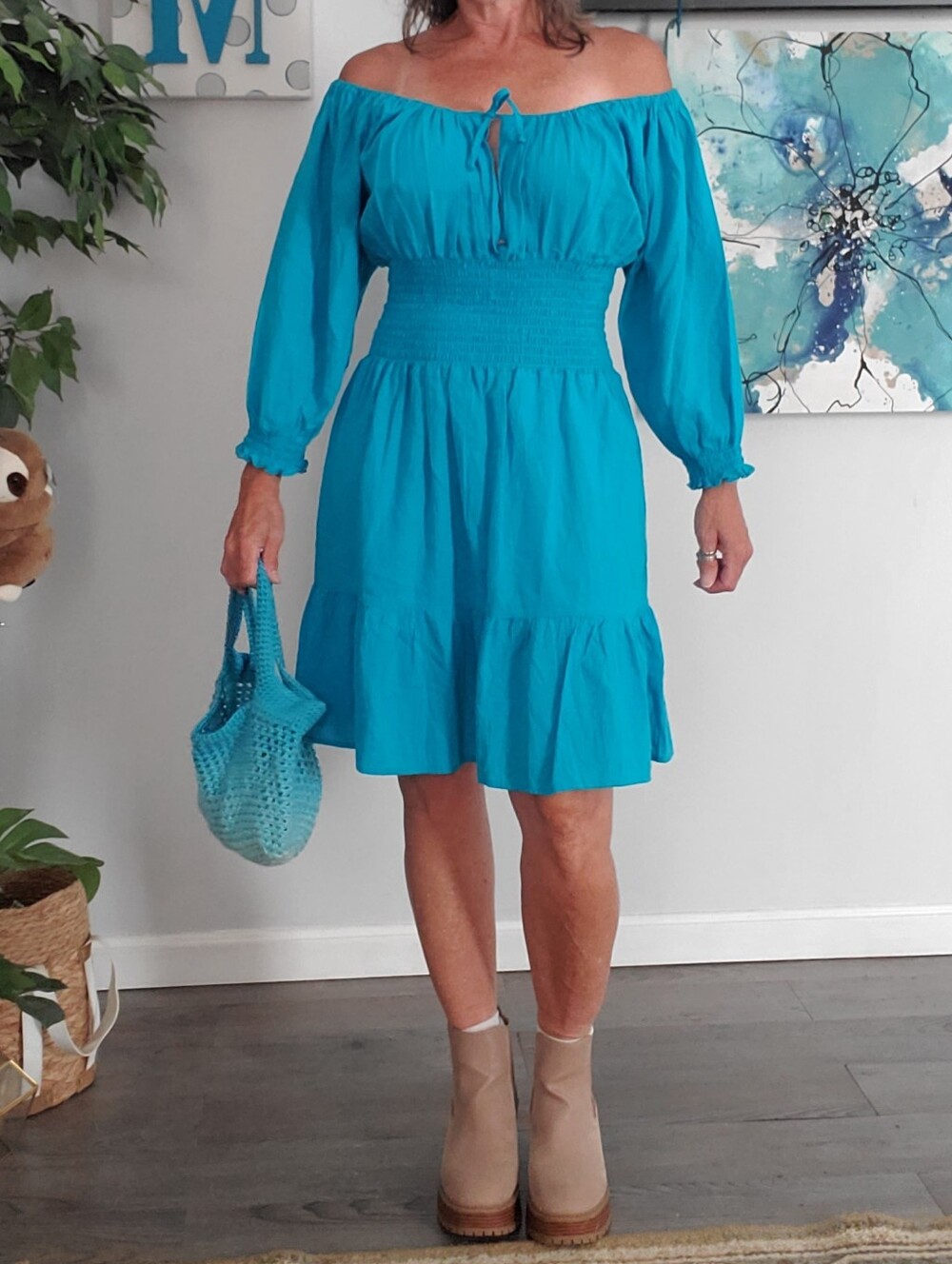 DEBBIE KATZ SOUTH BEACH BOSTON PROPER Smocked Milkmaid Gauzy Dress L